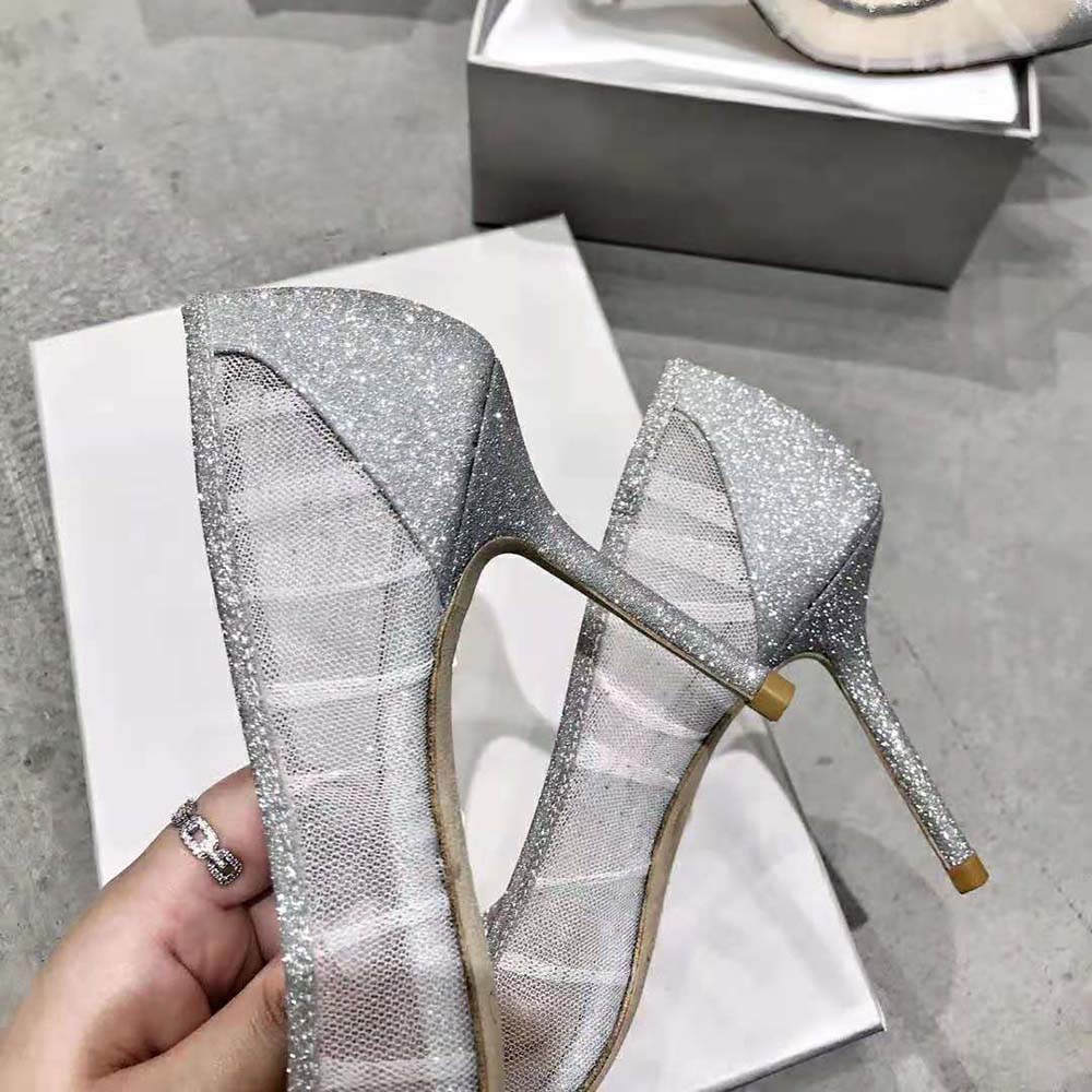 Jimmy Choo Women Love 100 Metallic Silver Glitter Fabric Pumps with Ivory Tulle Overlay - image 7