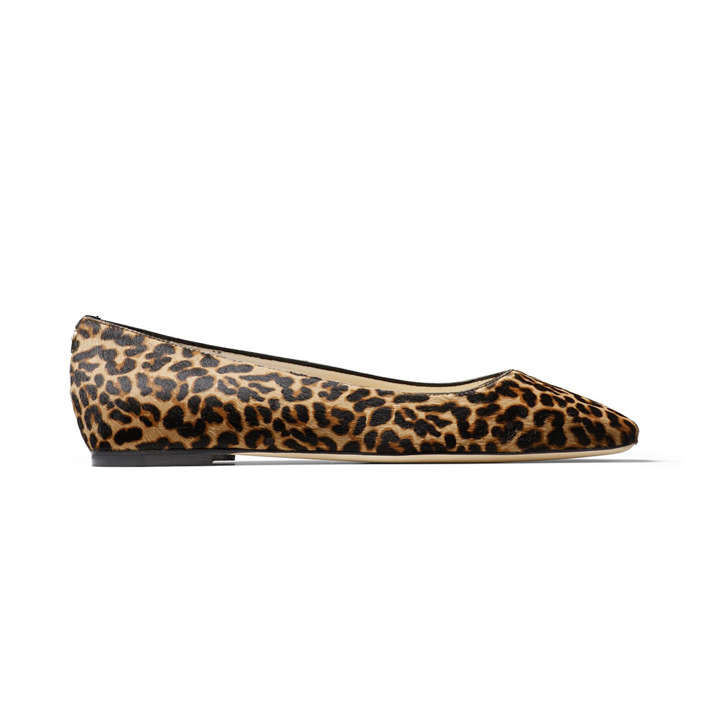 Side view of Jimmy Choo Women Mirele Flat Natural Mix Leopard Print Pony Flats
