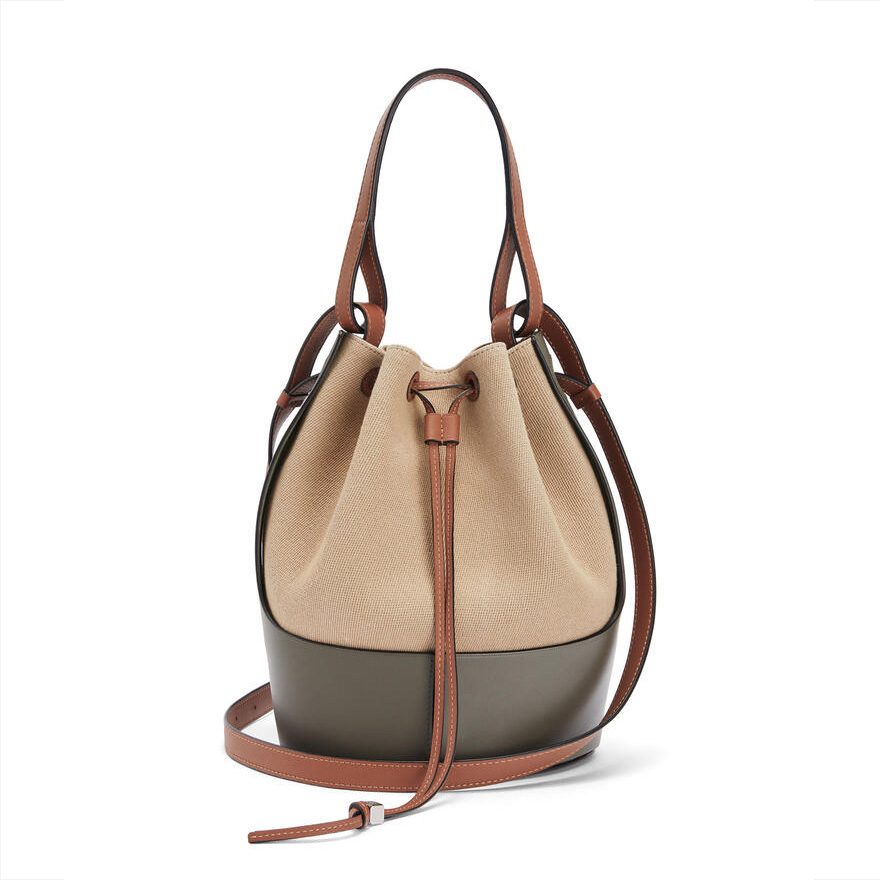 Front view of Loewe Women Balloon Bag in Canvas and Calfskin-Dark Green