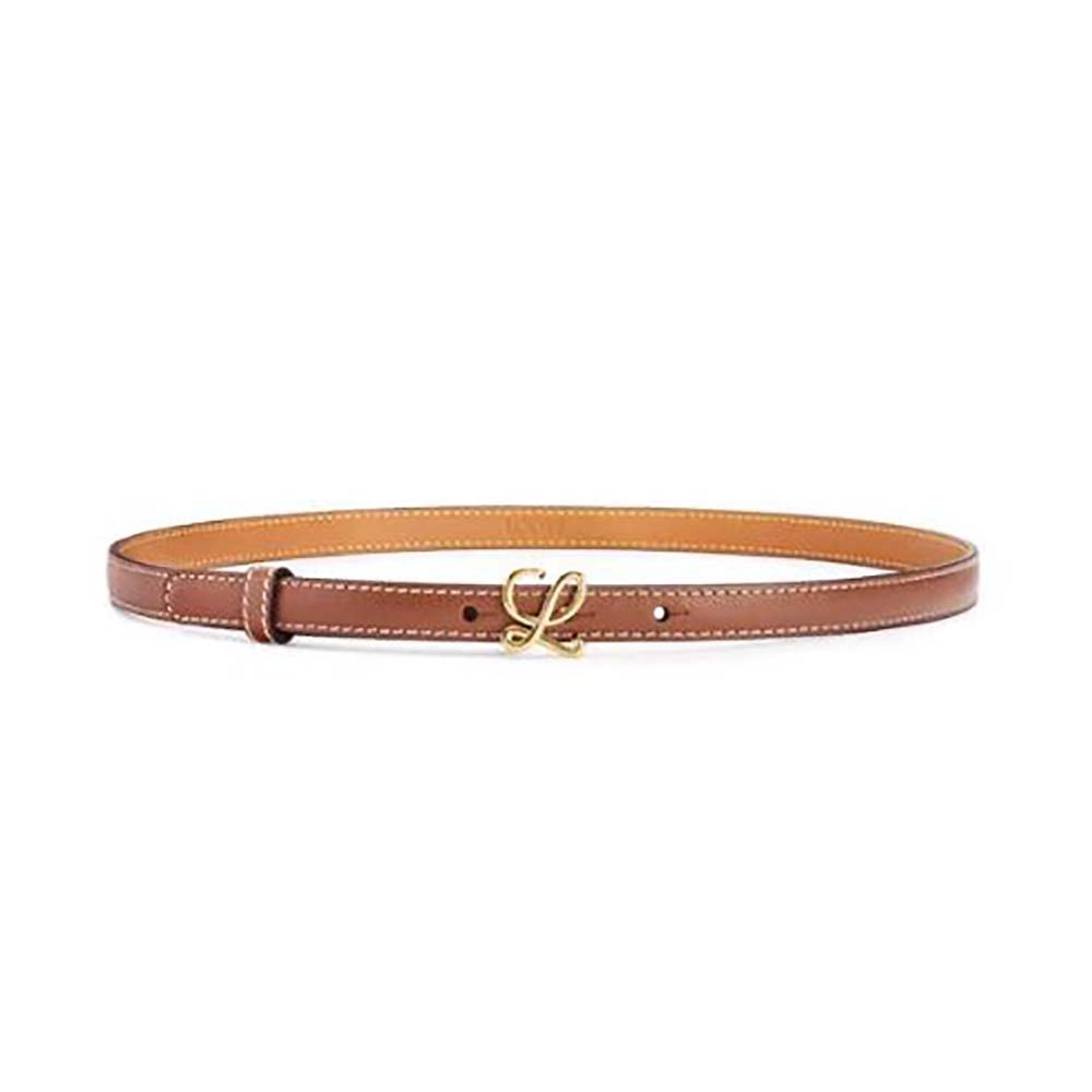 Front angle of Loewe Women Belt in Smooth Calfskin-Brown with polished buckle