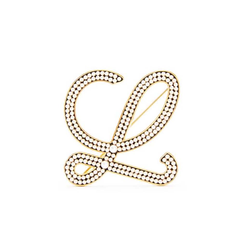 Close-up of Loewe Women Brooch in Metal and Pearls showing pearl detail