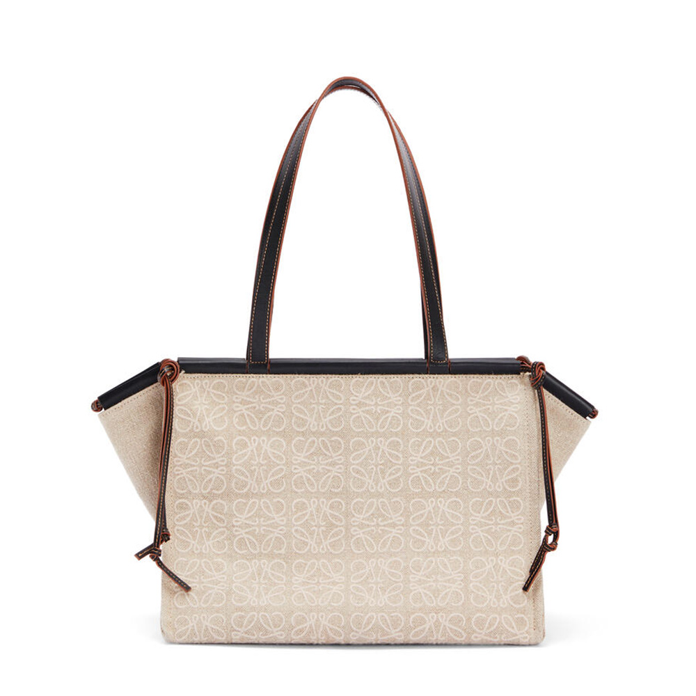 Front angle of Loewe Women Cushion Tote Bag in beige linen and calfskin