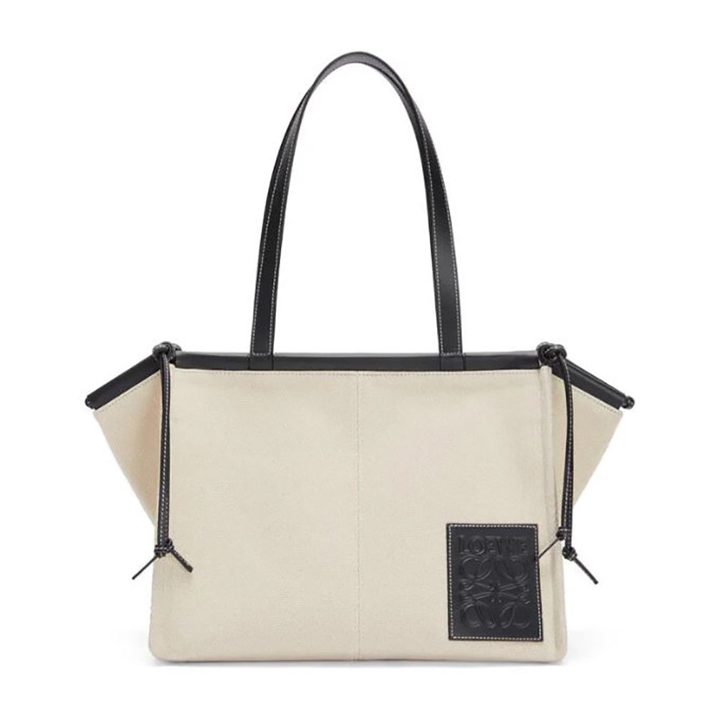 Front view of Loewe Women Cushion Tote Bag in Canvas and Calfskin-Black