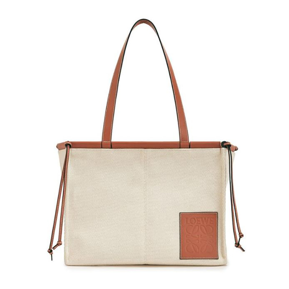 Front angle of Loewe Women Cushion Tote Bag in Canvas and Calfskin-Brown
