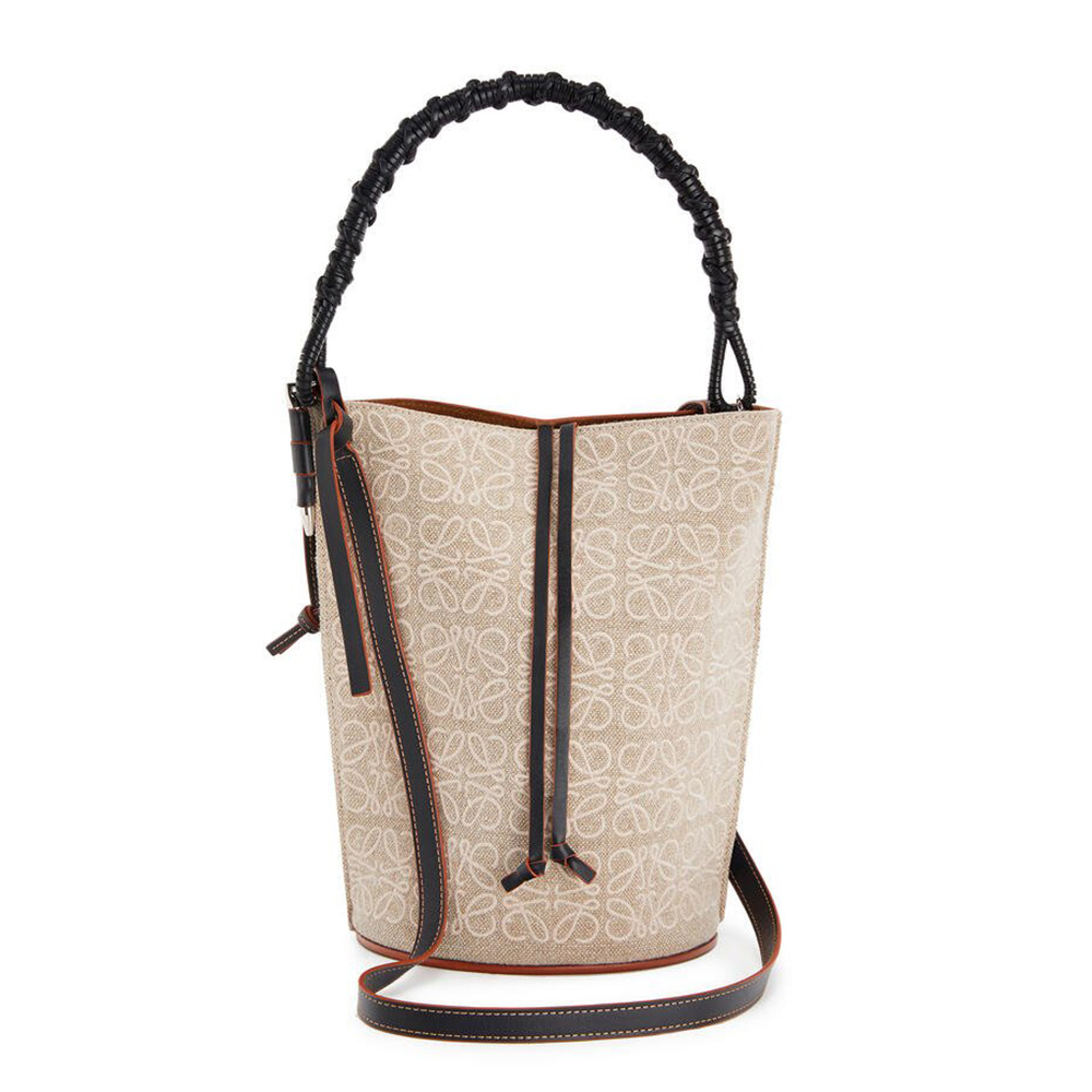 Front view of Loewe Women Gate Bucket Handle Bag beige linen and calfskin