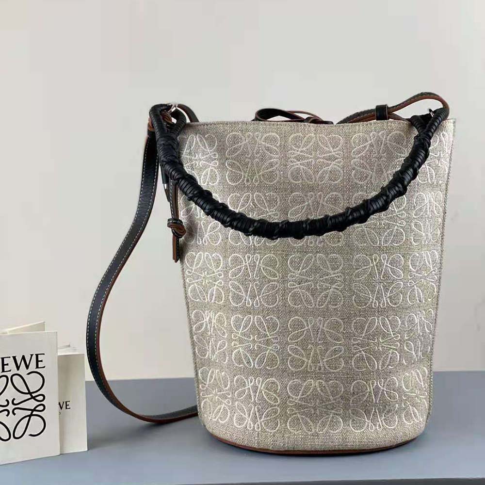Close-up of Loewe Anagram logo and gold-tone hardware detail on bucket bag