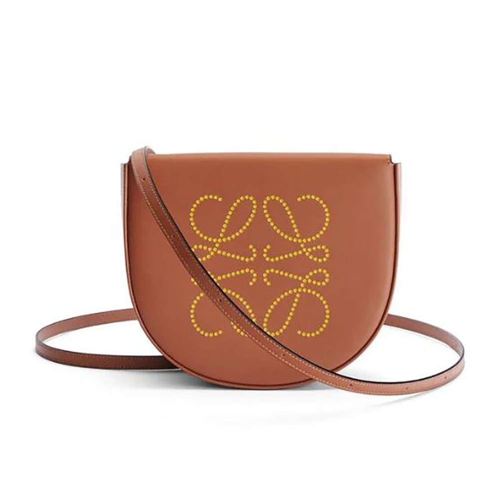 Front view of Loewe Women Heel Bag in Soft Calfskin-Brown showing flap closure