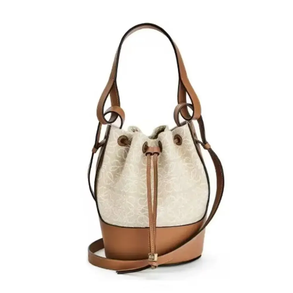 Front angle of Loewe Women Small Balloon Bag in beige linen and calfskin