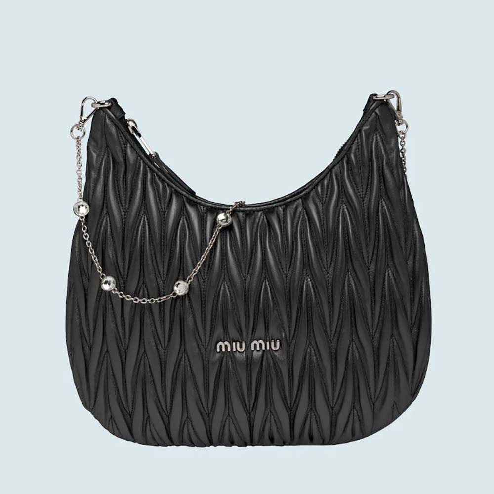 Front view of Miu Miu Women Large Matelasse Nappa Leather Shoulder Bag-Black