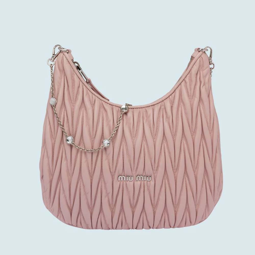 Front angle of Miu Miu Women Large Matelasse Nappa Leather Shoulder Bag-Pink
