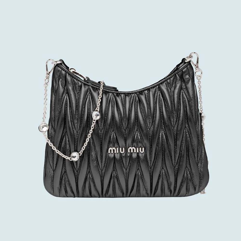 Front view of Miu Miu Women Small Matelassé Nappa Leather Shoulder Bag-Black