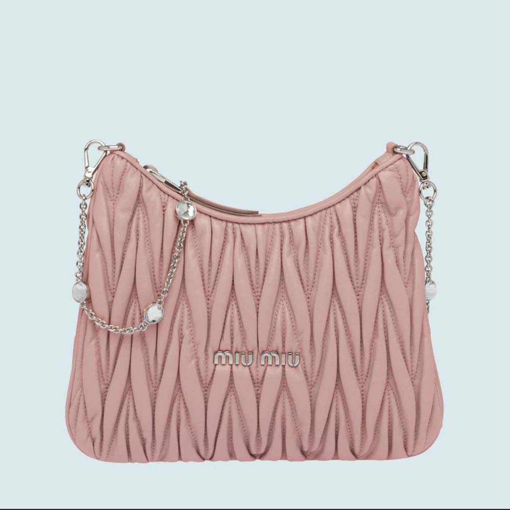 Front view of Miu Miu Women Small Matelasse Nappa Leather Shoulder Bag-Pink