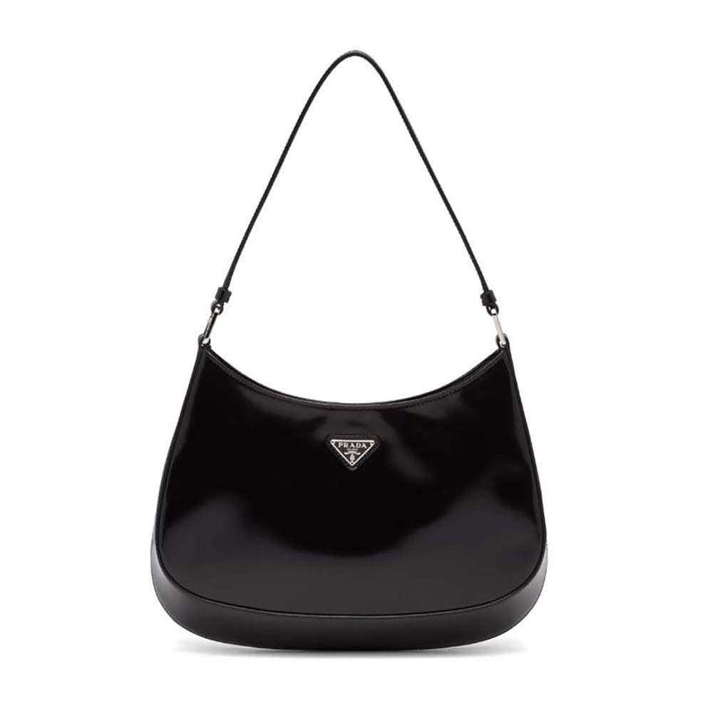 Front view of Prada Cleo Brushed Leather Shoulder Bag-Black showing curved silhouette