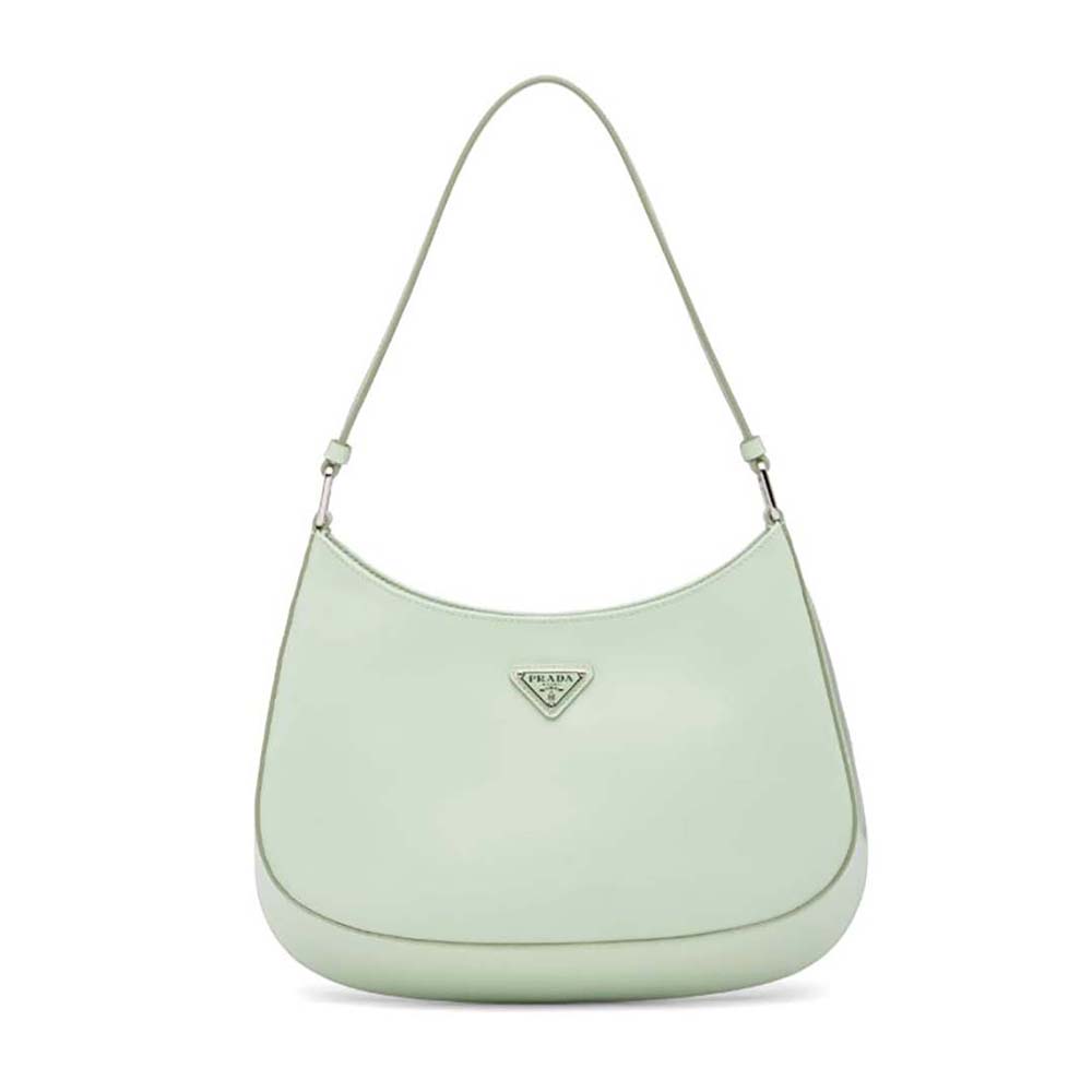 Front view of Prada Cleo Brushed Leather Shoulder Bag-Lime showcasing lime color