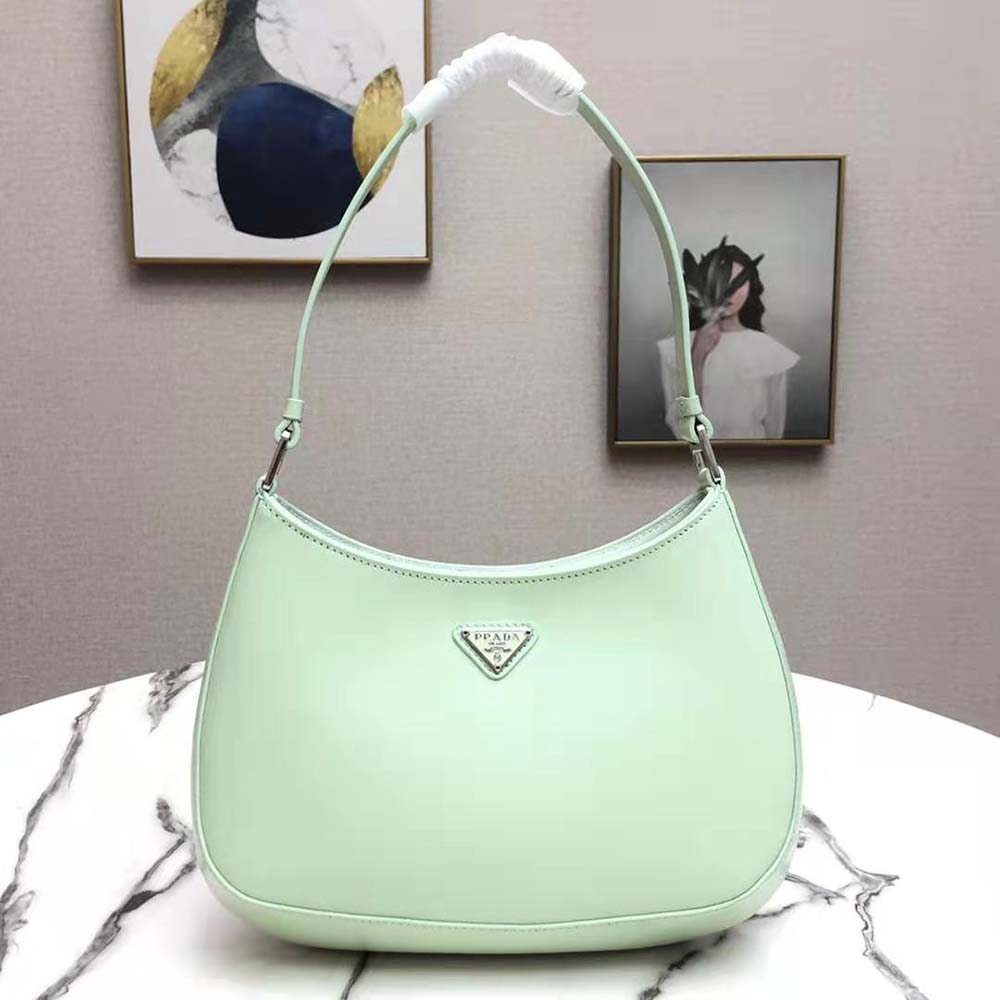 Close-up of Prada Cleo Brushed Leather Shoulder Bag-Lime silver hardware detail
