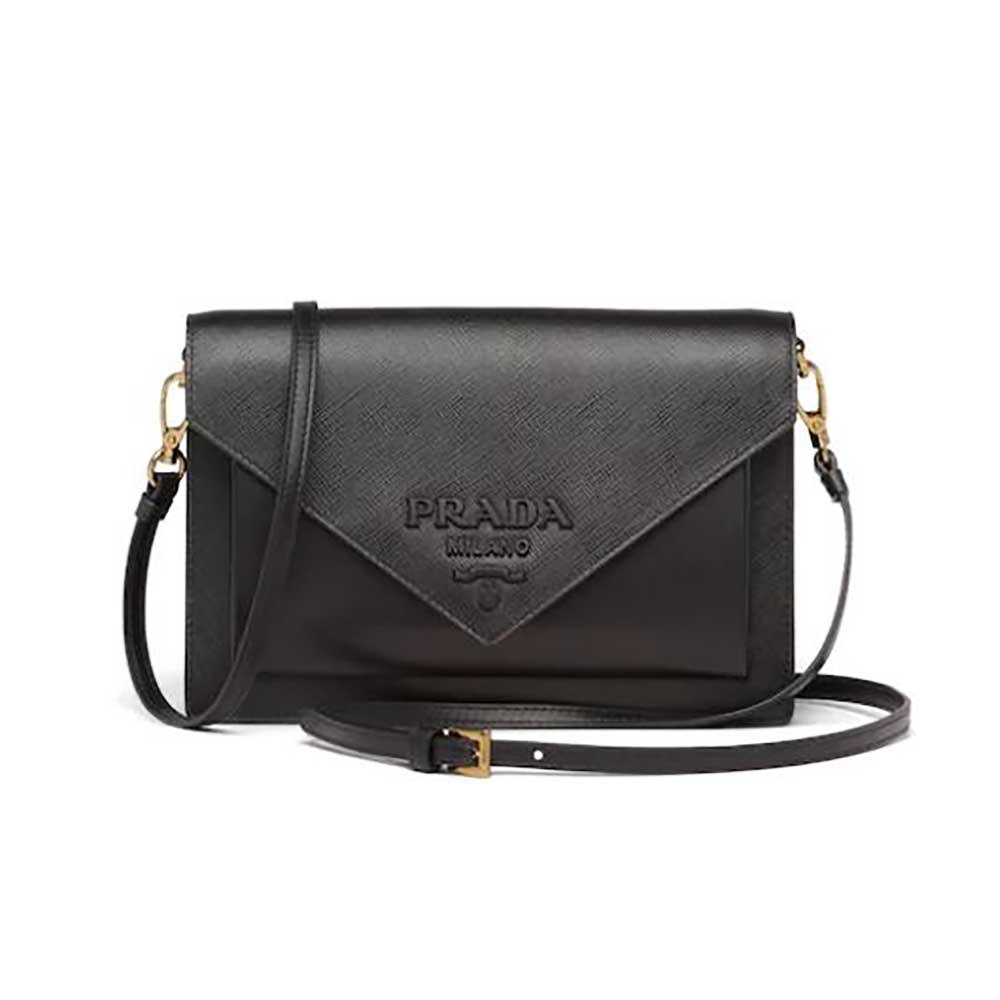 Front view of Prada Ladies Saffiano Leather Mini Bag-Black with flap closed