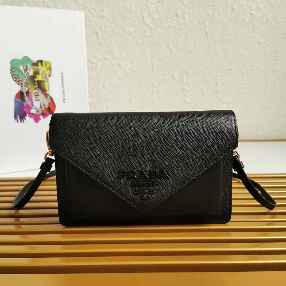Close-up on gold hardware detail of Prada Ladies Saffiano Leather Mini Bag-Black
