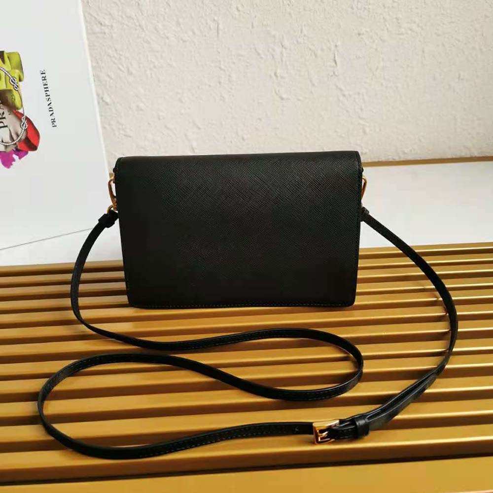 Side angle showing silhouette of Prada Ladies Saffiano Leather Mini Bag-Black