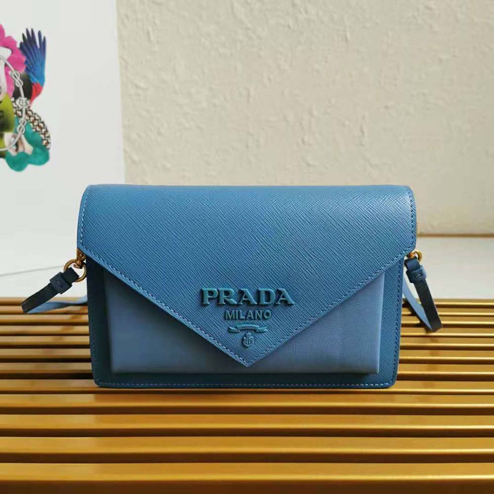 Close-up of silver hardware and textured leather on Prada Ladies Saffiano Leather Mini Bag-Blue