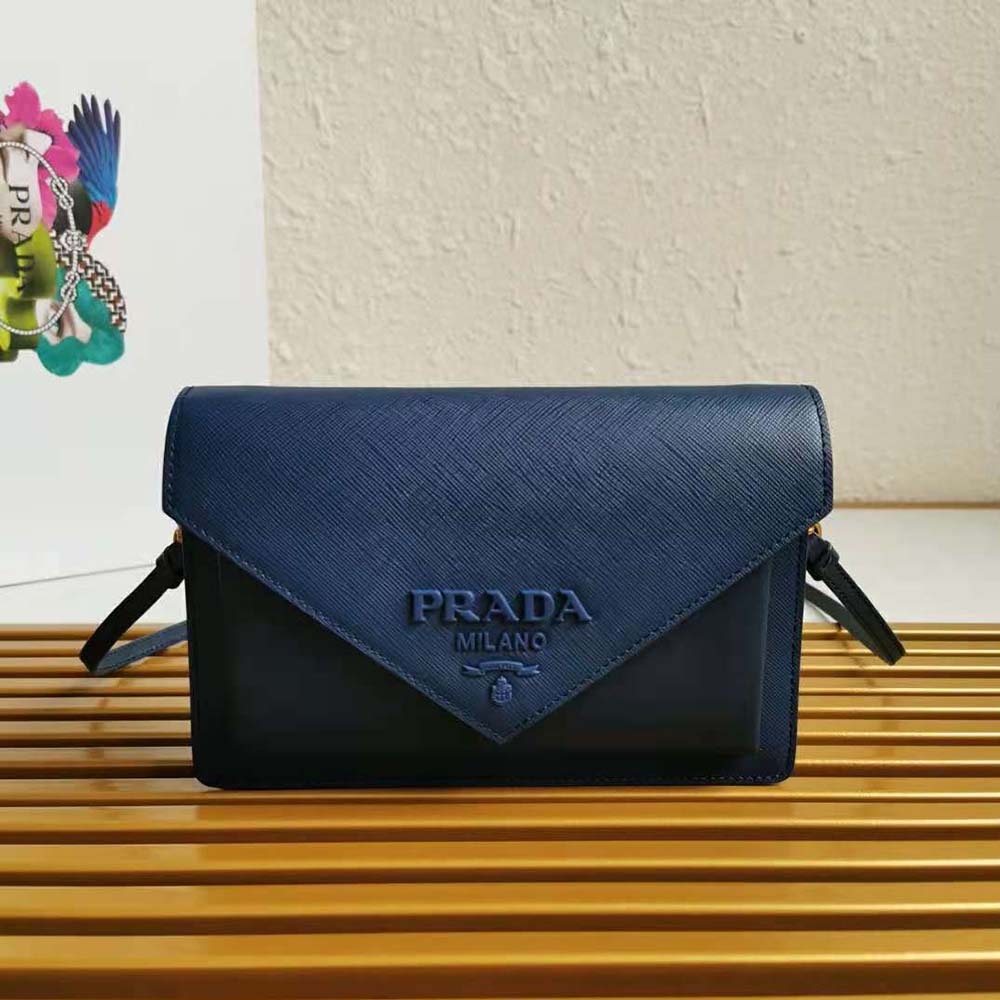 Close-up of silver Prada logo hardware on navy Saffiano leather mini bag