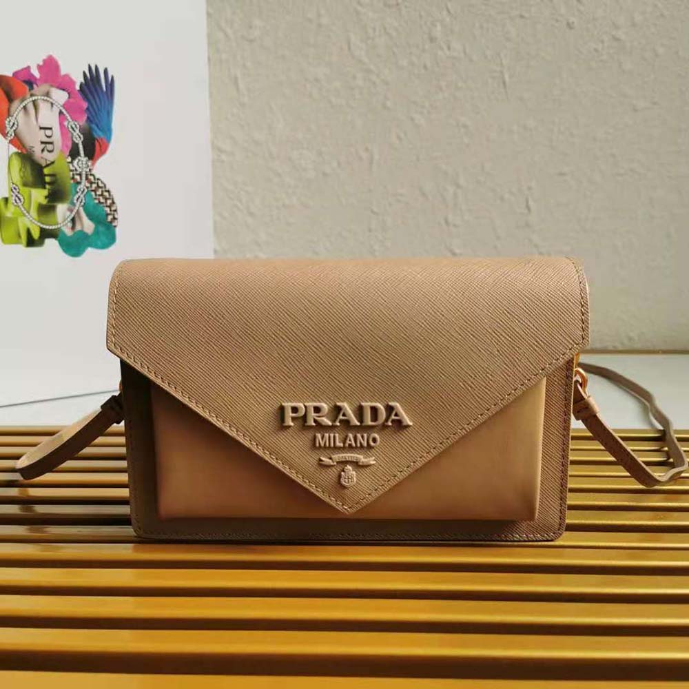 Close-up detail of gold-tone hardware on Prada Ladies Saffiano Leather Mini Bag-Sandy