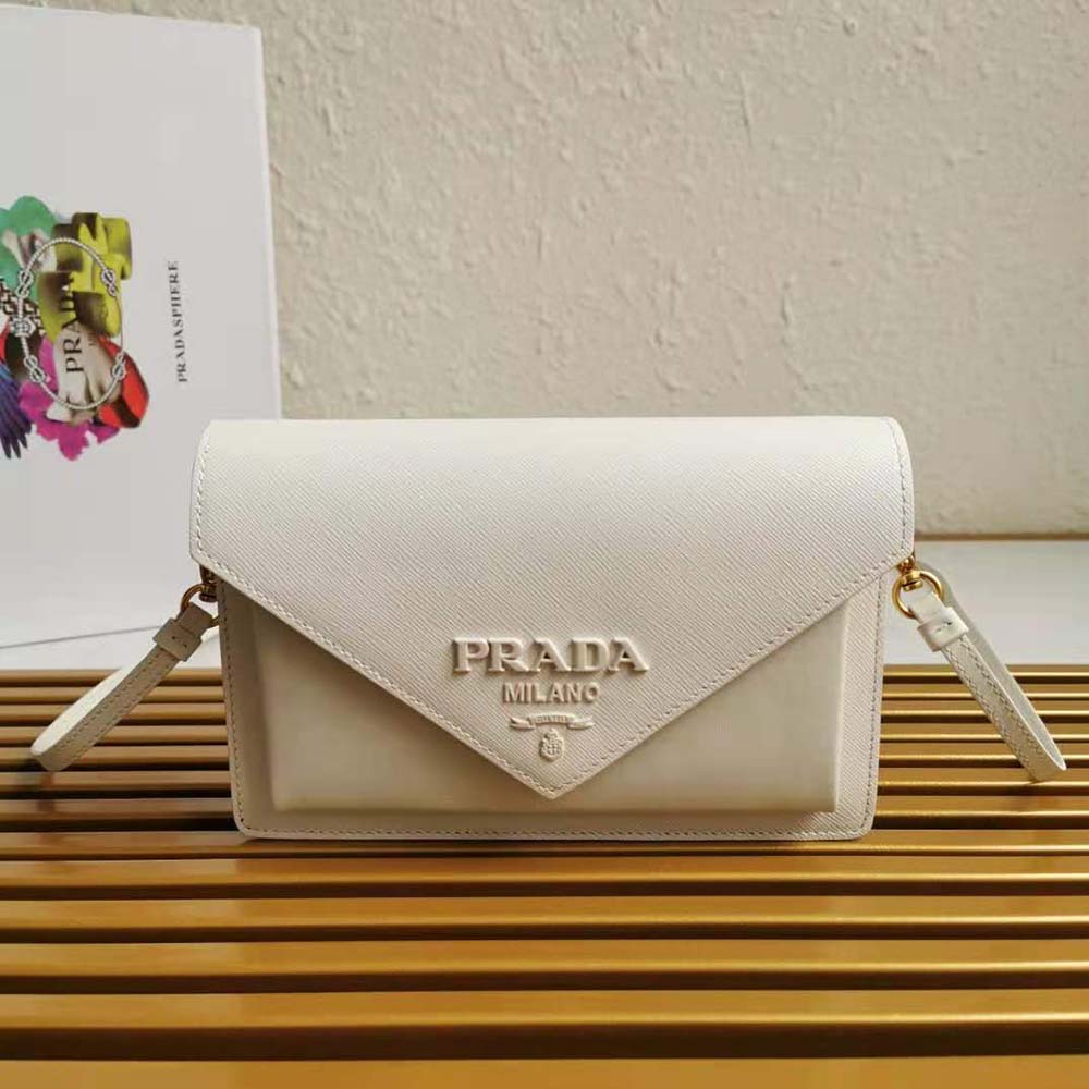 Close-up on silver Prada logo hardware on white saffiano leather bag