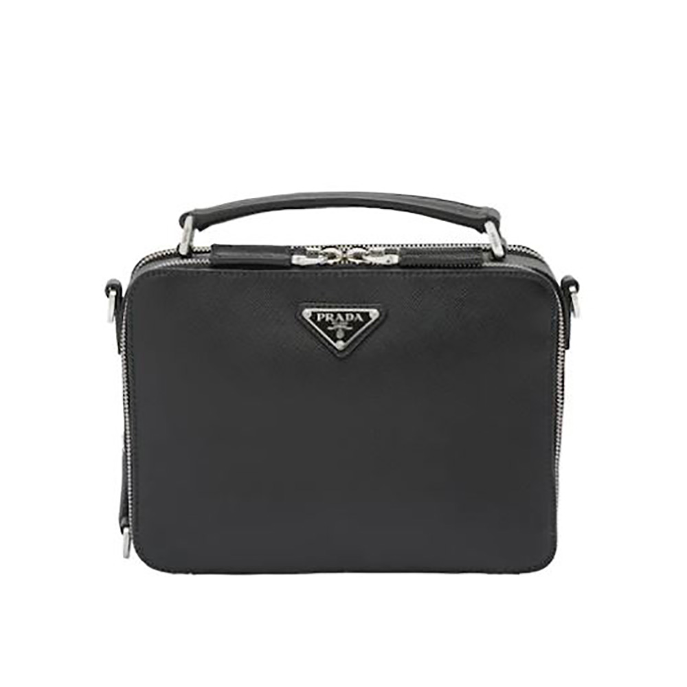Front view of Prada Men Brique Saffiano Leather Cross-Body Bag-Black