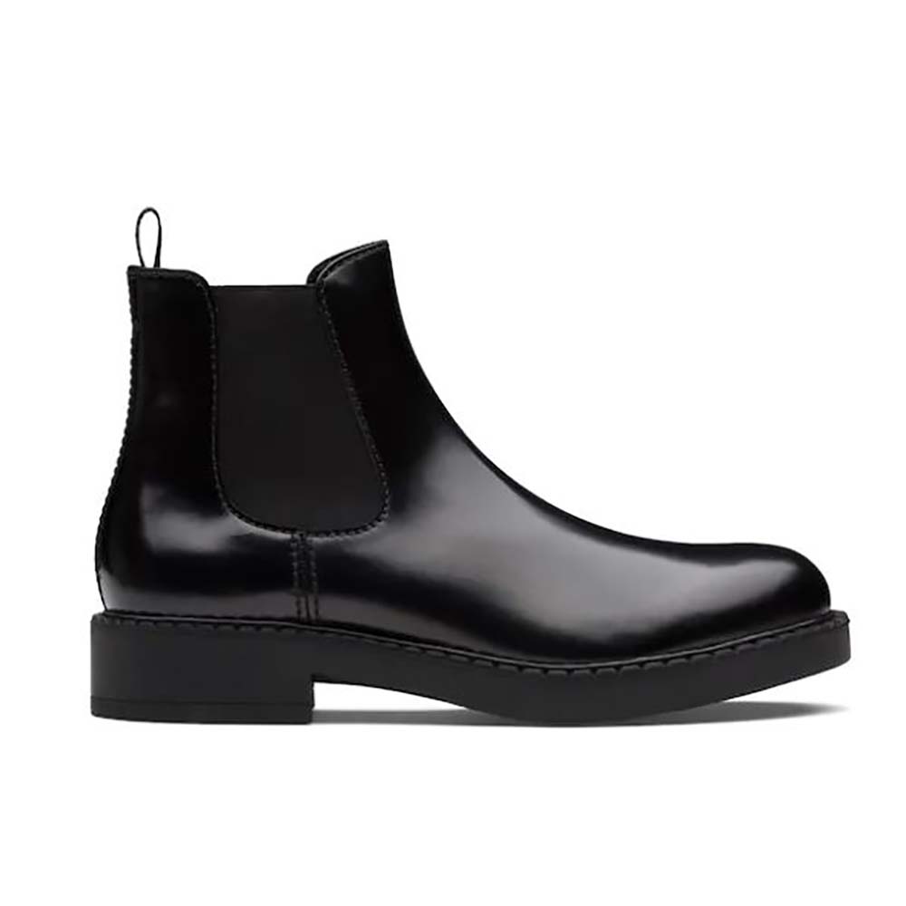 Side view of Prada Men Brushed Calf Leather Chelsea Boots black leather