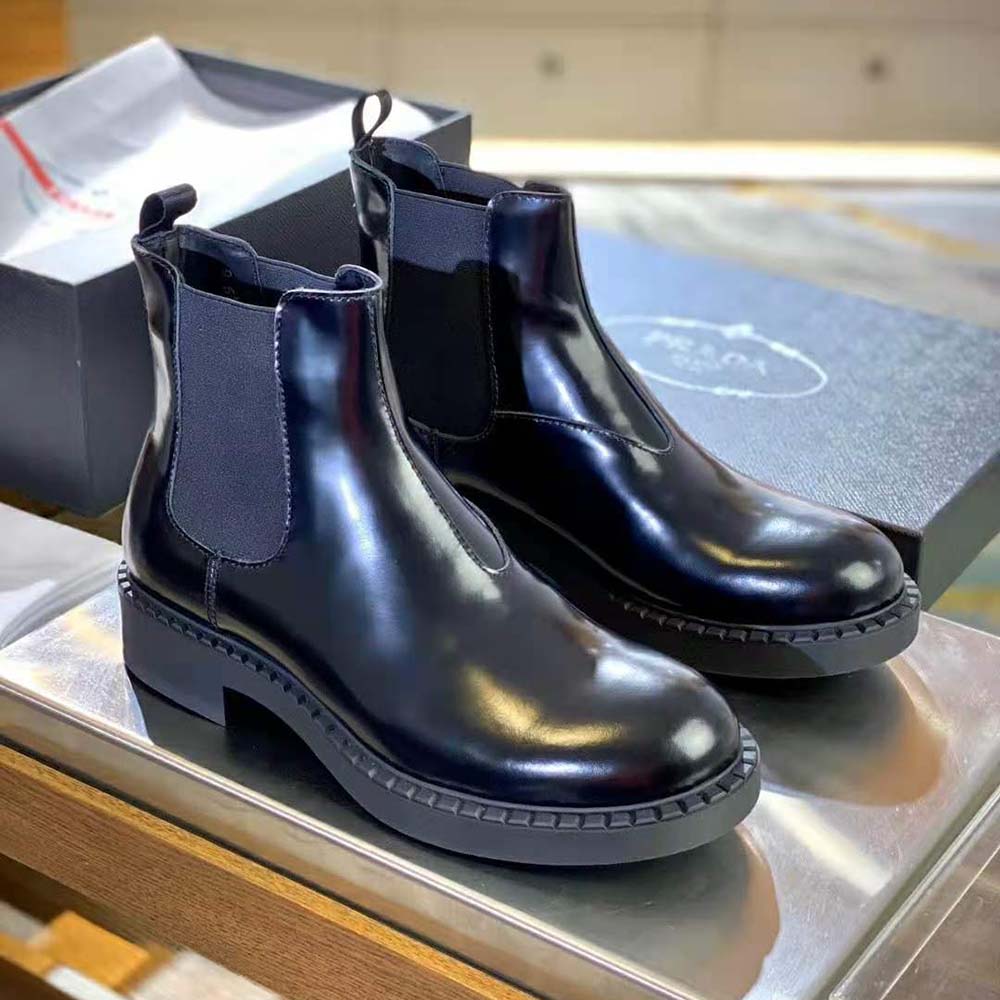 Close-up of 40 mm heel and elastic panel on Prada Chelsea Boots
