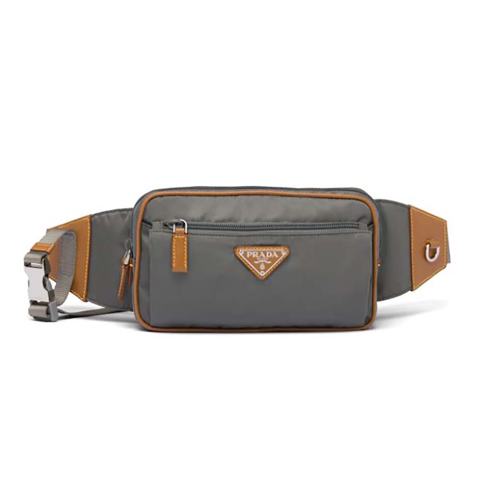 Front view of Prada Men Nylon Belt Bag-Silver with zipper detail