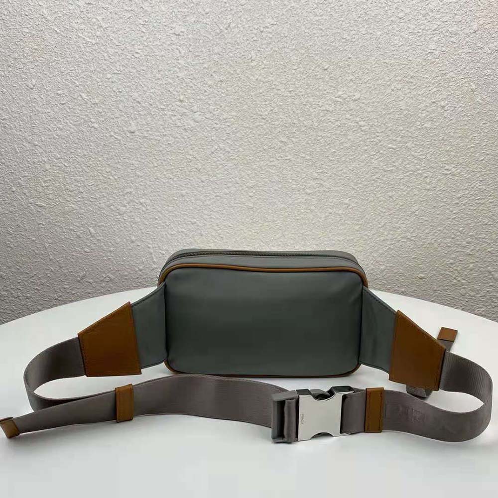 Side angle showing strap adjustment on Prada Men Nylon Belt Bag-Silver