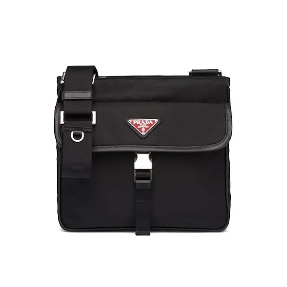Front view of Prada Men Nylon Cross-Body Bag-Black with logo detail