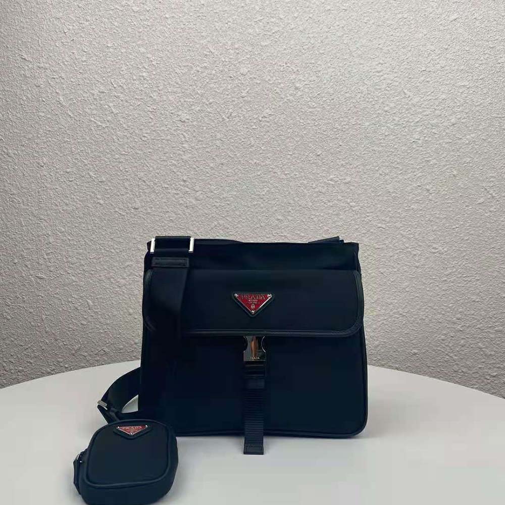 Close-up of silver-tone hardware and zipper on Prada Men Nylon Cross-Body Bag-Black