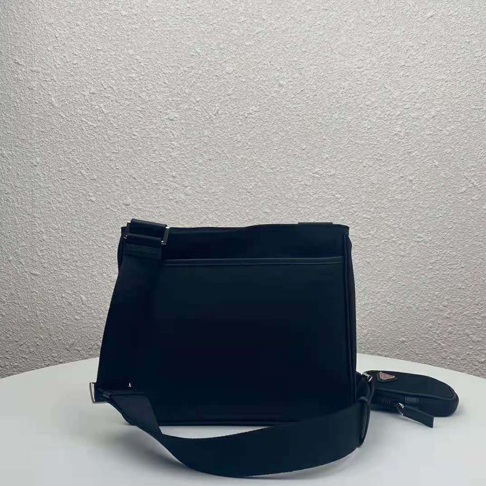 Side angle showing adjustable strap on Prada Men Nylon Cross-Body Bag-Black
