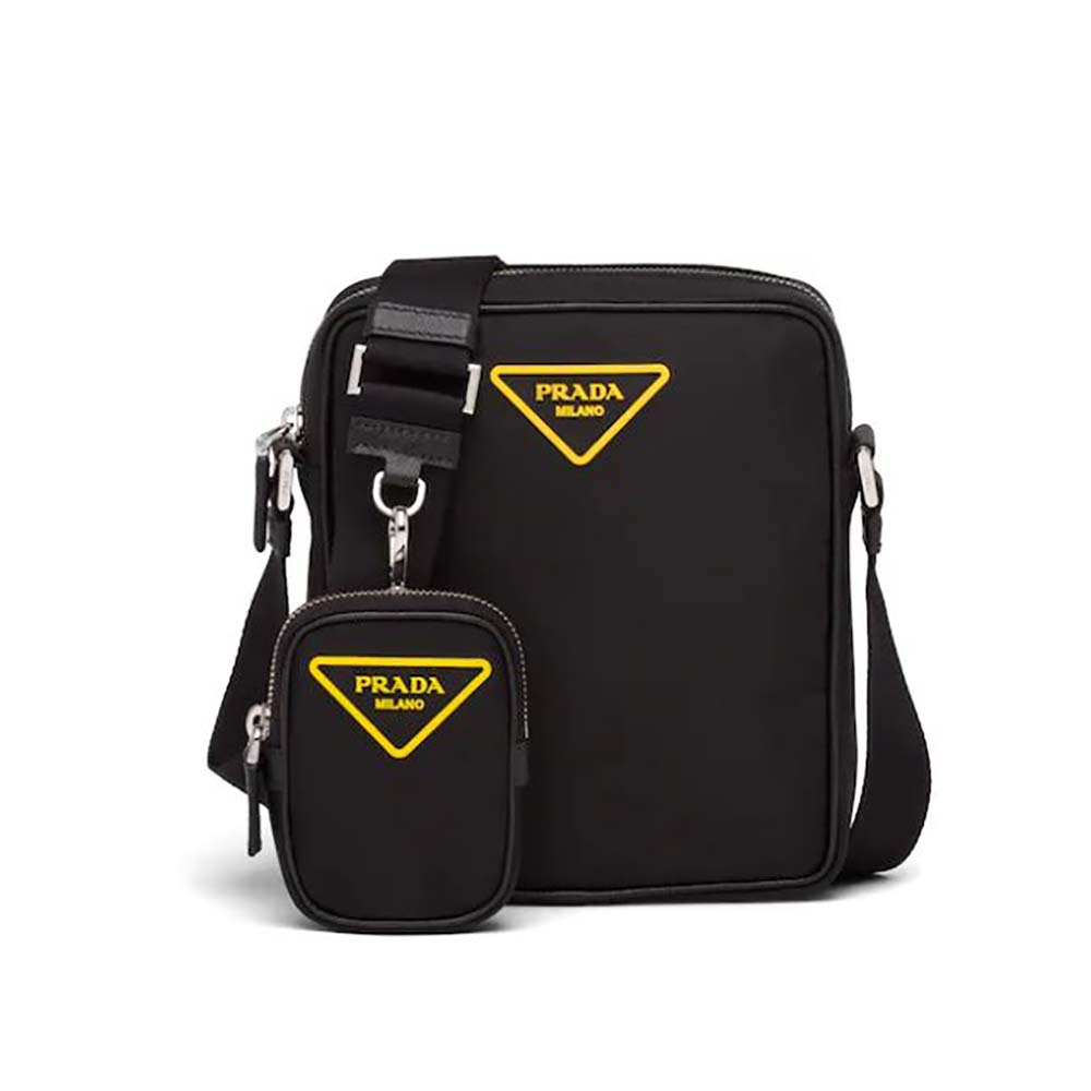 Front view of Prada Men Nylon Cross-Body Bag-Black/Yellow with logo plaque