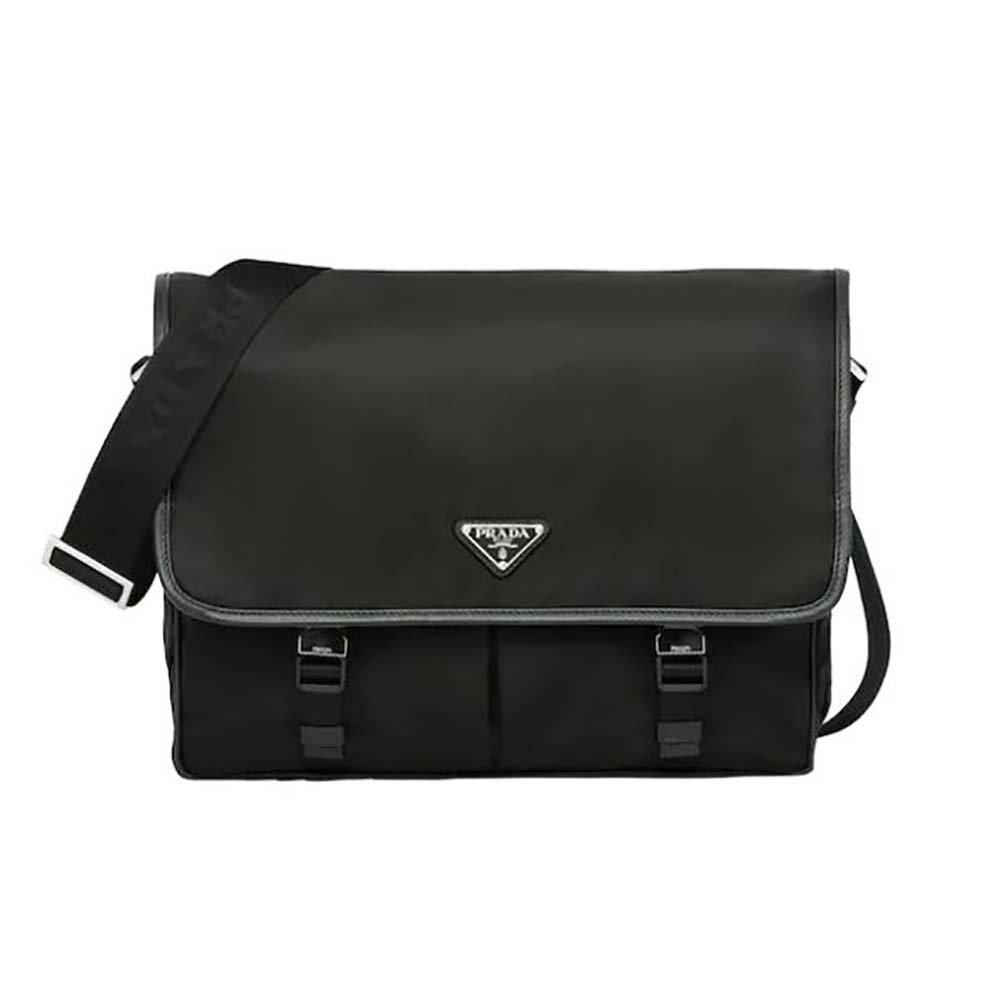 Front view of Prada Men Nylon Cross-Body Bag with Saffiano Leather Trim-Black