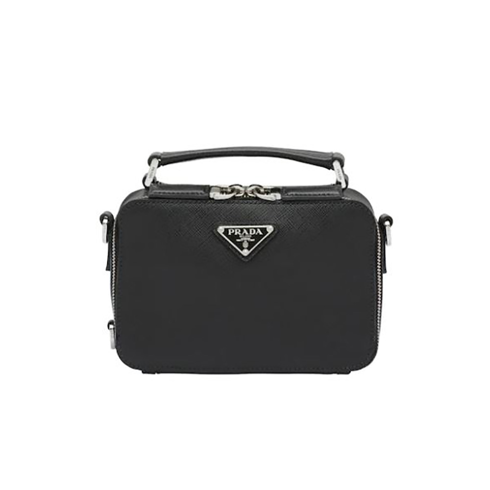 Front view of Prada Men Prada Brique Saffiano Leather Cross-Body Bag-Black