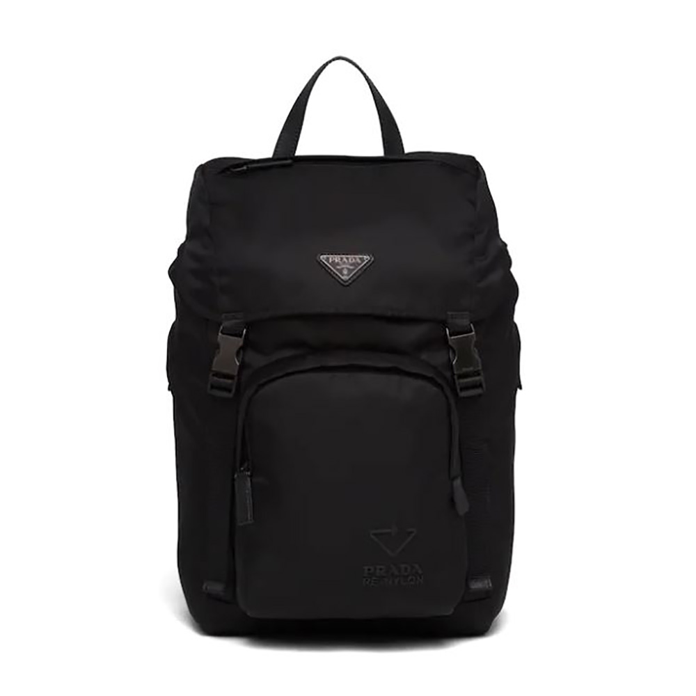 Front view of Prada Men Re-Nylon and Saffiano Leather Backpack-Black