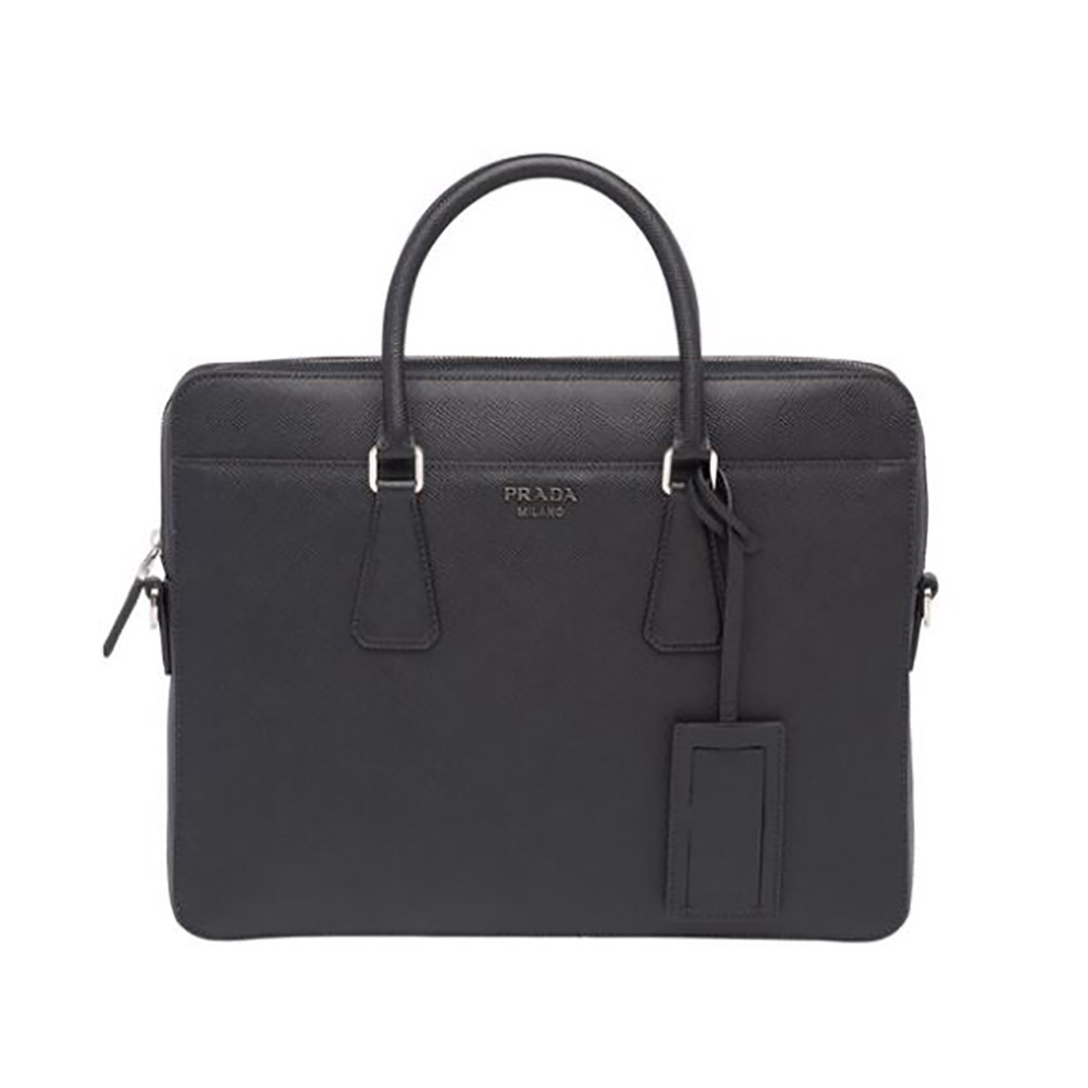 Front view of Prada Men Saffiano Leather Briefcase-Black with silver hardware