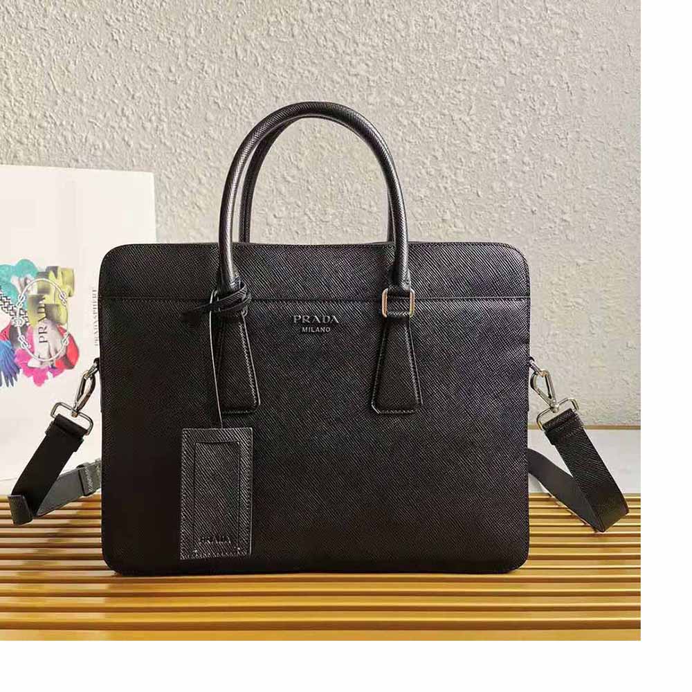 Close-up of textured saffiano leather on Prada Men Saffiano Leather Briefcase-Black