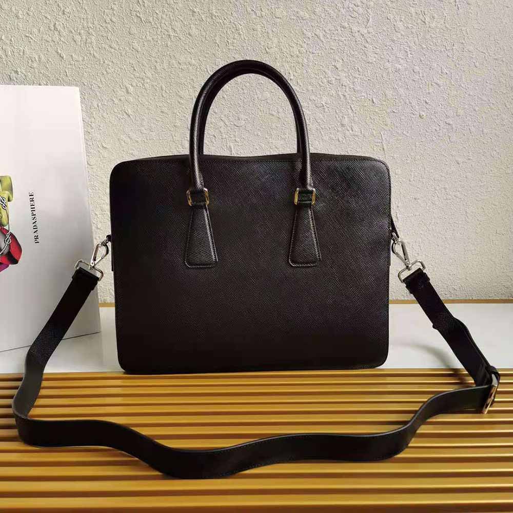 Side angle showing slim profile of Prada Men Saffiano Leather Briefcase-Black
