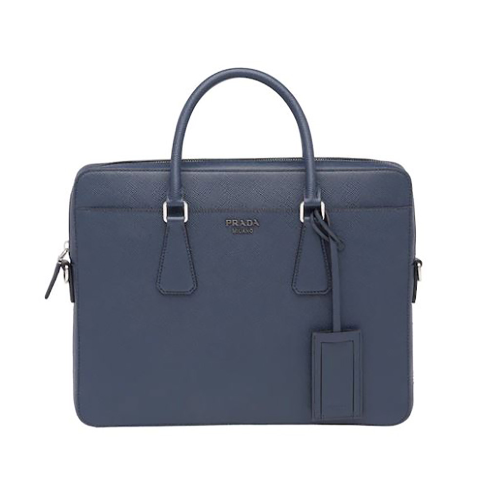 Front view of Prada Men Saffiano Leather Briefcase-Navy showing structured silhouette