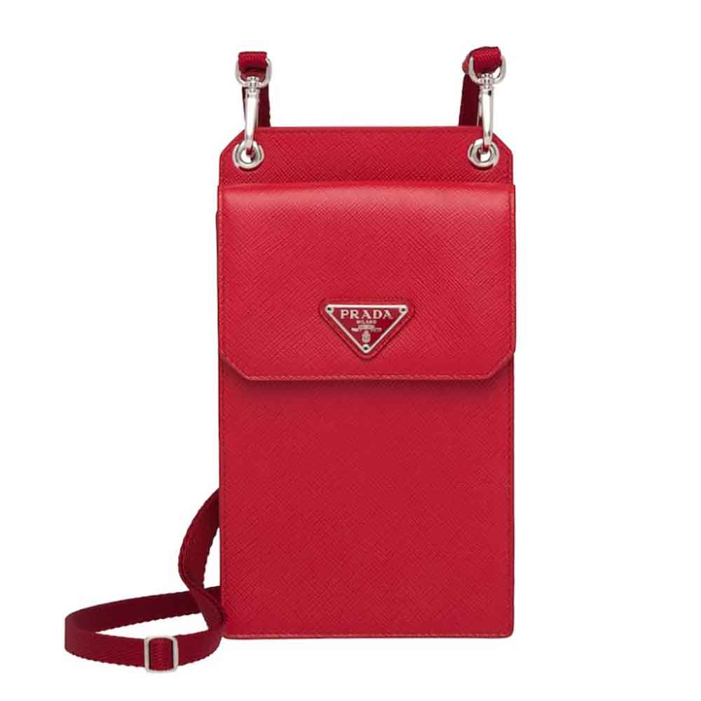 Front view of Prada Men Saffiano Leather Smartphone Case-Red showing vibrant red color