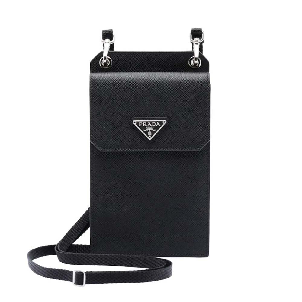 Front view of Prada Men Saffiano Leather Smartphone Case-Silver showing zipper