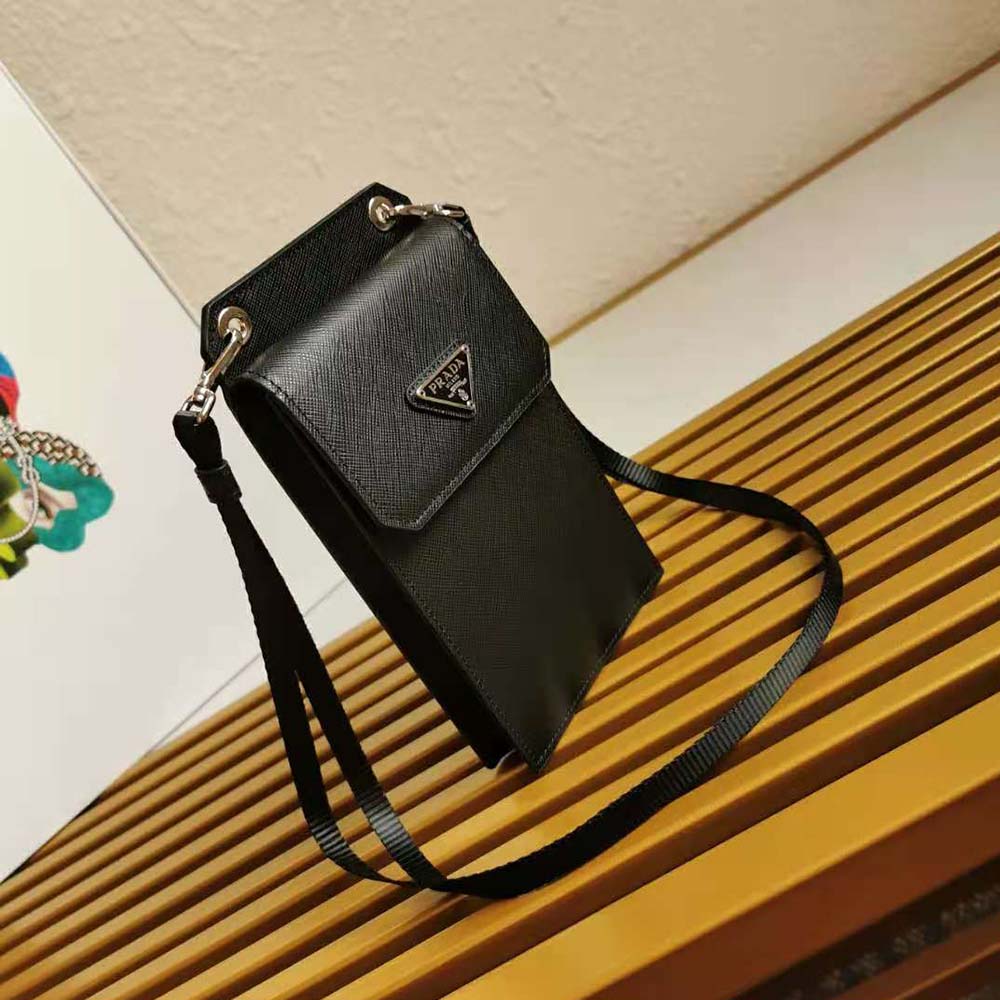Close-up of silver-tone hardware on Prada Men Saffiano Leather Smartphone Case-Silver