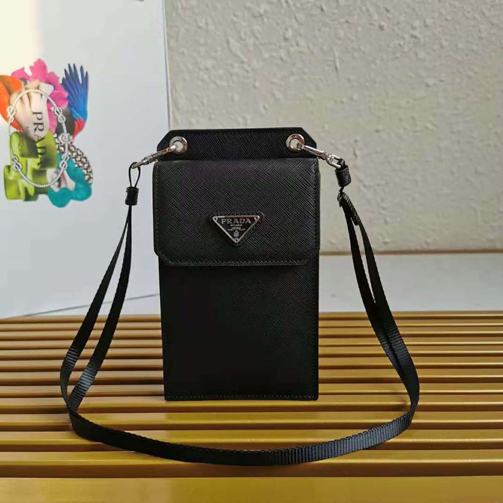 Side profile highlighting slim silhouette of Prada Men Saffiano Leather Smartphone Case-Silver