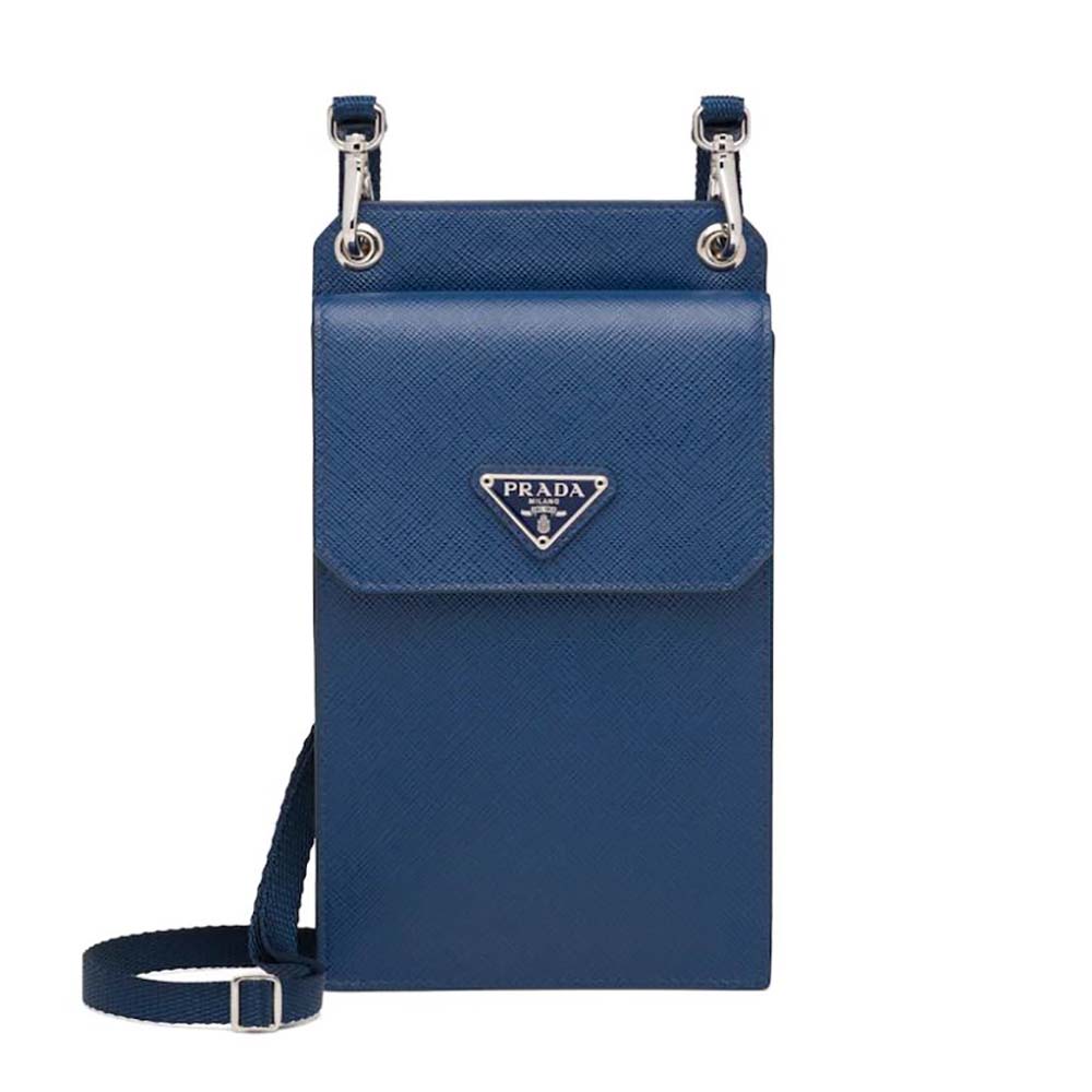 Front view of Prada Men Saffiano Leather Smartphone Case-Navy with zip open