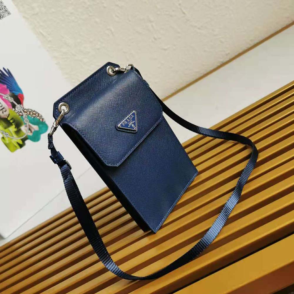 Close-up of navy Saffiano leather texture on Prada Men Smartphone Case