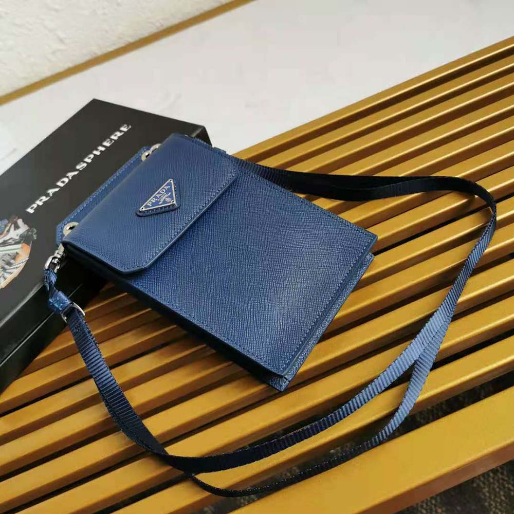 Side angle showing silver Prada logo hardware on smartphone case