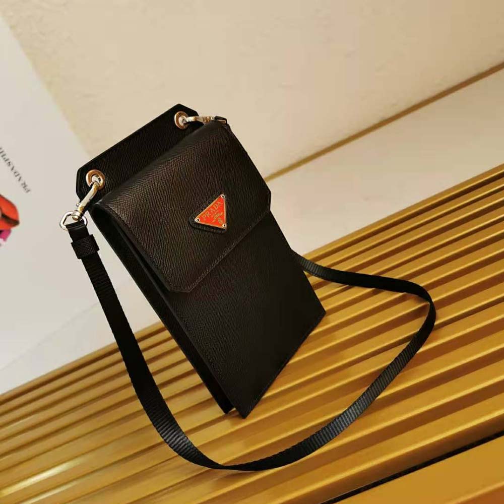 Side angle highlighting slim profile of Prada Men Saffiano Leather Smartphone Case-Red